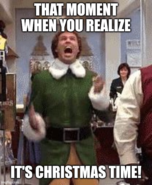 Buddy the elf birthday  | THAT MOMENT WHEN YOU REALIZE; IT'S CHRISTMAS TIME! | image tagged in buddy the elf birthday | made w/ Imgflip meme maker