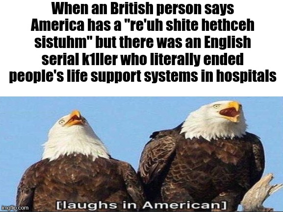 Not wrong though | When an British person says America has a "re'uh shite hethceh sistuhm" but there was an English serial k1ller who literally ended people's life support systems in hospitals | image tagged in uk,us | made w/ Imgflip meme maker