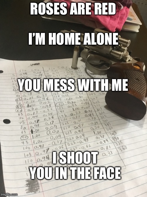 The life of a homeschooled teen | ROSES ARE RED; I’M HOME ALONE; YOU MESS WITH ME; I SHOOT YOU IN THE FACE | image tagged in revolver,guns,home alone,relatable memes | made w/ Imgflip meme maker