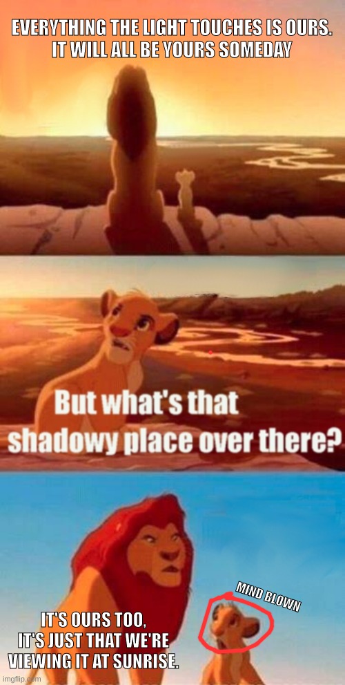 Simba Shadowy Place | EVERYTHING THE LIGHT TOUCHES IS OURS.
IT WILL ALL BE YOURS SOMEDAY; MIND BLOWN; IT'S OURS TOO, IT'S JUST THAT WE'RE VIEWING IT AT SUNRISE. | image tagged in memes,simba shadowy place | made w/ Imgflip meme maker
