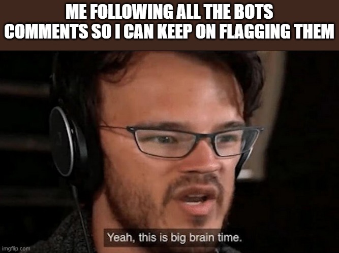 Big Brain Time | ME FOLLOWING ALL THE BOTS COMMENTS SO I CAN KEEP ON FLAGGING THEM | image tagged in big brain time | made w/ Imgflip meme maker