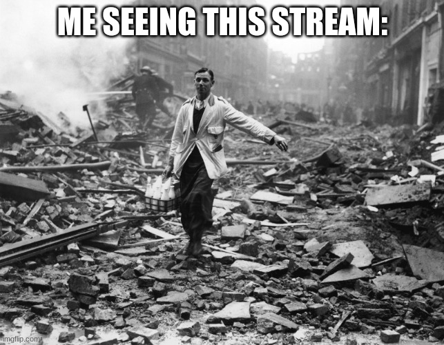 nobody is here. | ME SEEING THIS STREAM: | image tagged in milkman walking through destroyed city | made w/ Imgflip meme maker