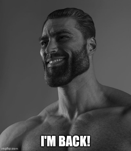 Hello Again | I'M BACK! | image tagged in giga chad | made w/ Imgflip meme maker