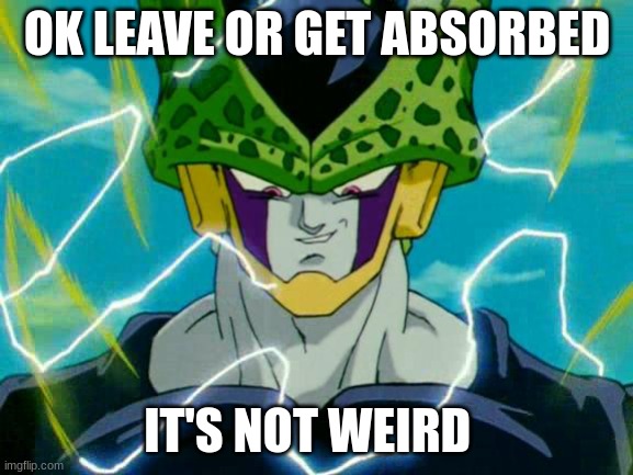 Cell's not weird | OK LEAVE OR GET ABSORBED; IT'S NOT WEIRD | image tagged in dragon ball z perfect cell | made w/ Imgflip meme maker