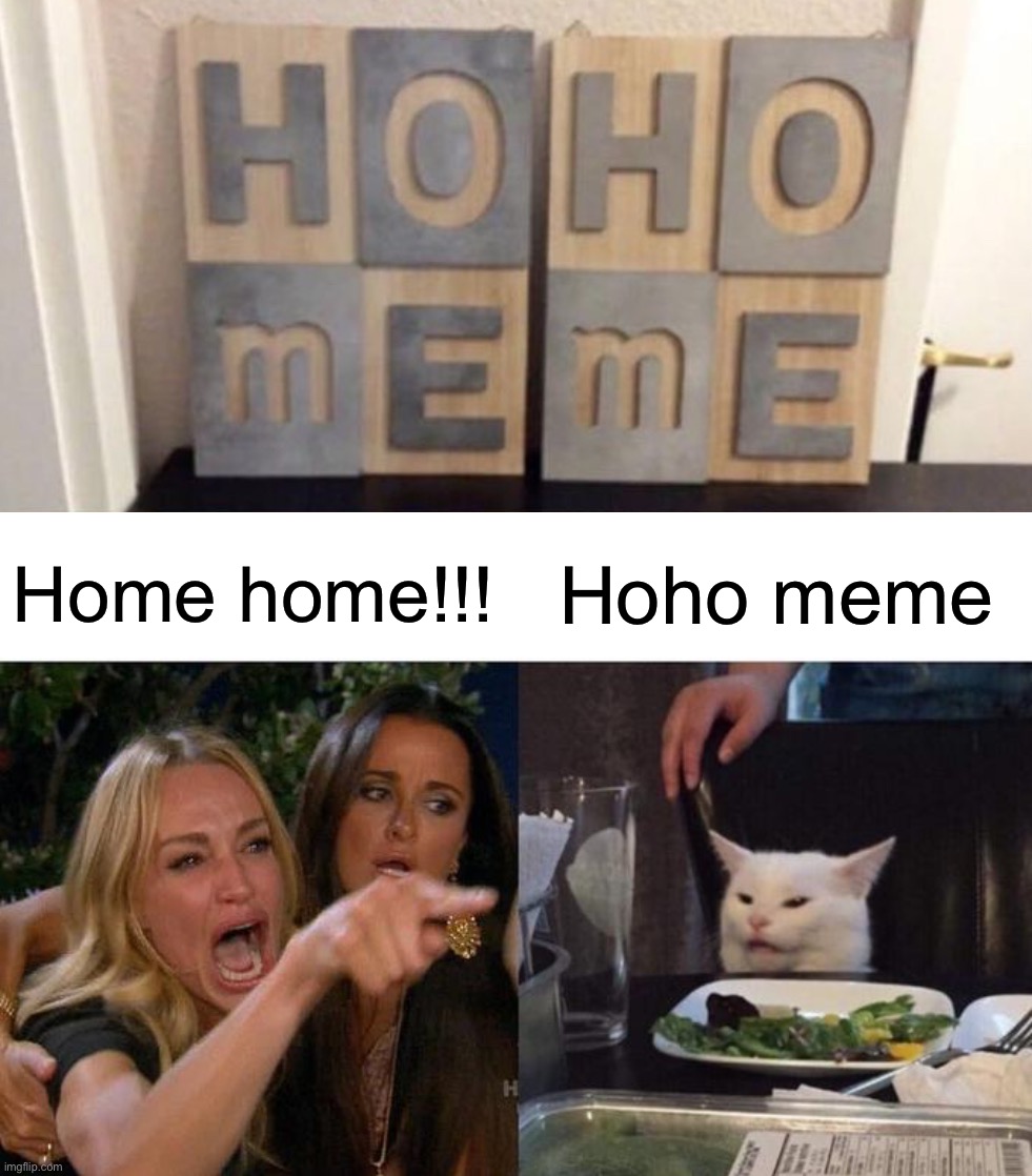Hoho meme | Hoho meme; Home home!!! | image tagged in memes,woman yelling at cat,funny,christmas,christmas decorations,funny memes | made w/ Imgflip meme maker