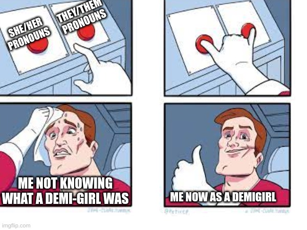 Took a while to understand | THEY/THEM PRONOUNS; SHE/HER PRONOUNS; ME NOT KNOWING WHAT A DEMI-GIRL WAS; ME NOW AS A DEMIGIRL | image tagged in lgbtq | made w/ Imgflip meme maker