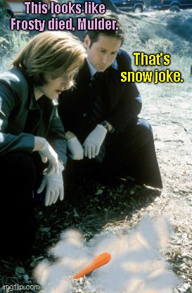 X-Files Mulder and Scully | This looks like Frosty died, Mulder. That's snow joke. | image tagged in x-files mulder and scully,the x-files,monster,puns,joke | made w/ Imgflip meme maker