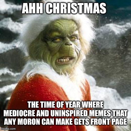 grinch | AHH CHRISTMAS THE TIME OF YEAR WHERE MEDIOCRE AND UNINSPIRED MEMES THAT ANY MORON CAN MAKE GETS FRONT PAGE | image tagged in grinch | made w/ Imgflip meme maker