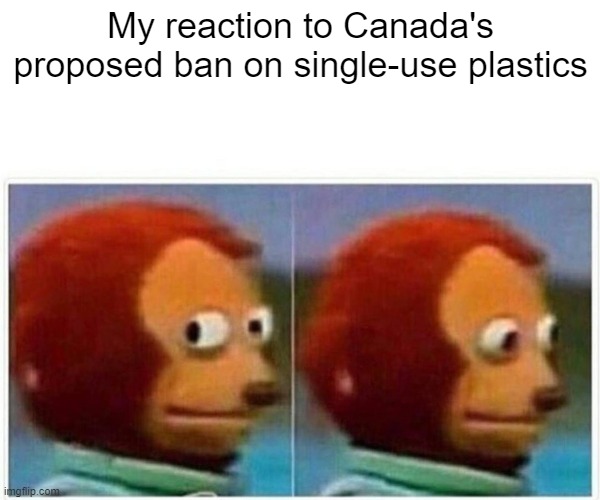 oops | My reaction to Canada's proposed ban on single-use plastics | image tagged in memes,monkey puppet | made w/ Imgflip meme maker