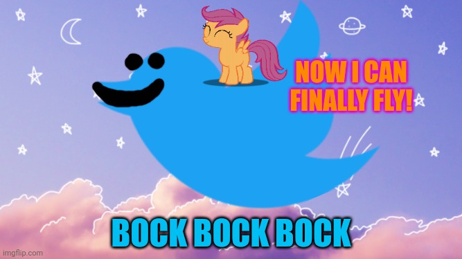 Scootaloo meets a giant bird | NOW I CAN FINALLY FLY! BOCK BOCK BOCK | image tagged in mlp,scootaloo,giant,bird | made w/ Imgflip meme maker