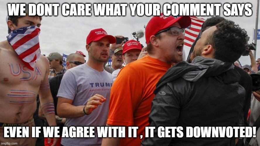 Angry Red Cap | WE DONT CARE WHAT YOUR COMMENT SAYS EVEN IF WE AGREE WITH IT , IT GETS DOWNVOTED! | image tagged in angry red cap | made w/ Imgflip meme maker