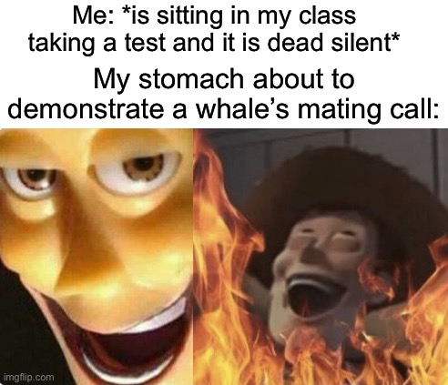 Why must you hurt me in this way | Me: *is sitting in my class taking a test and it is dead silent*; My stomach about to demonstrate a whale’s mating call: | image tagged in satanic woody no spacing,memes,funny,school,relatable memes,true story | made w/ Imgflip meme maker