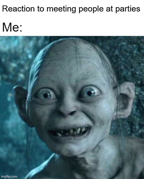 Gollum Meme | Reaction to meeting people at parties; Me: | image tagged in memes,gollum | made w/ Imgflip meme maker