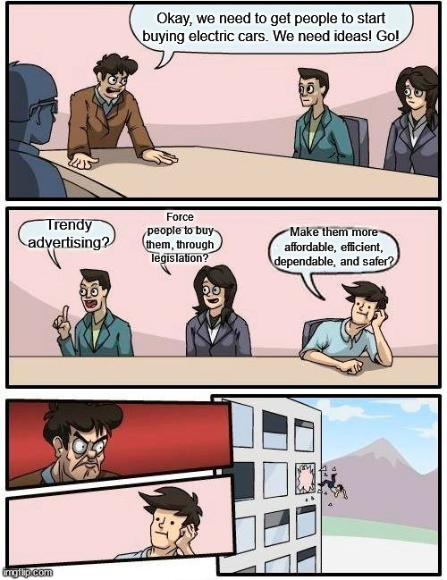 Boardroom Meeting Suggestion Meme | Okay, we need to get people to start buying electric cars. We need ideas! Go! Force people to buy them, through legislation? Trendy advertising? Make them more affordable, efficient, dependable, and safer? | image tagged in memes,boardroom meeting suggestion | made w/ Imgflip meme maker