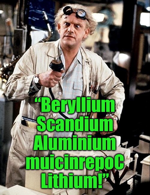 Here’s an experiment: A science meme… that doubles as a word puzzle!” | “Beryllium
Scandium
Aluminium
muicinrepoC
Lithium!” | image tagged in for science,puzzle,doc brown | made w/ Imgflip meme maker