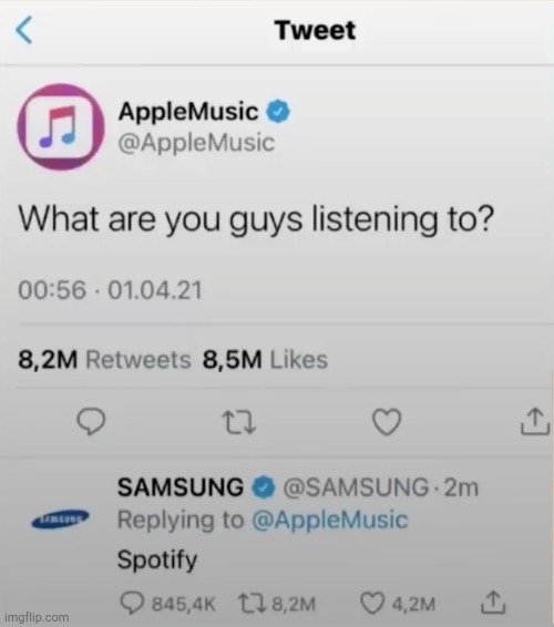 what r u listening to? | image tagged in insult,twitter,apple,samsung | made w/ Imgflip meme maker