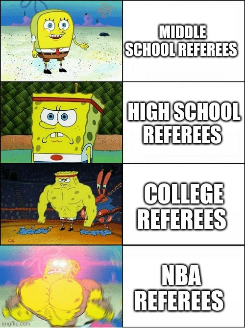 Referees In A Nutshell | MIDDLE SCHOOL REFEREES; HIGH SCHOOL REFEREES; COLLEGE REFEREES; NBA REFEREES | image tagged in memes | made w/ Imgflip meme maker