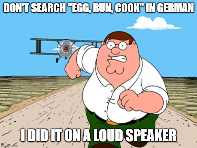 You should use commas or the german grammar might ruin it | DON'T SEARCH "EGG, RUN, COOK" IN GERMAN; I DID IT ON A LOUD SPEAKER | image tagged in peter griffin running away | made w/ Imgflip meme maker