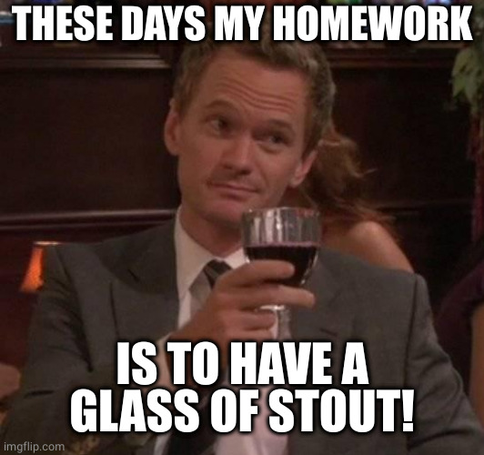true story | THESE DAYS MY HOMEWORK IS TO HAVE A GLASS OF STOUT! | image tagged in true story | made w/ Imgflip meme maker