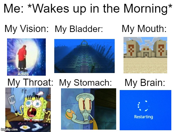 Is this Relatable? | Me: *Wakes up in the Morning*; My Vision:; My Mouth:; My Bladder:; My Throat:; My Stomach:; My Brain: | image tagged in relatable memes,memes,funny,so true memes,wake up,relatable | made w/ Imgflip meme maker