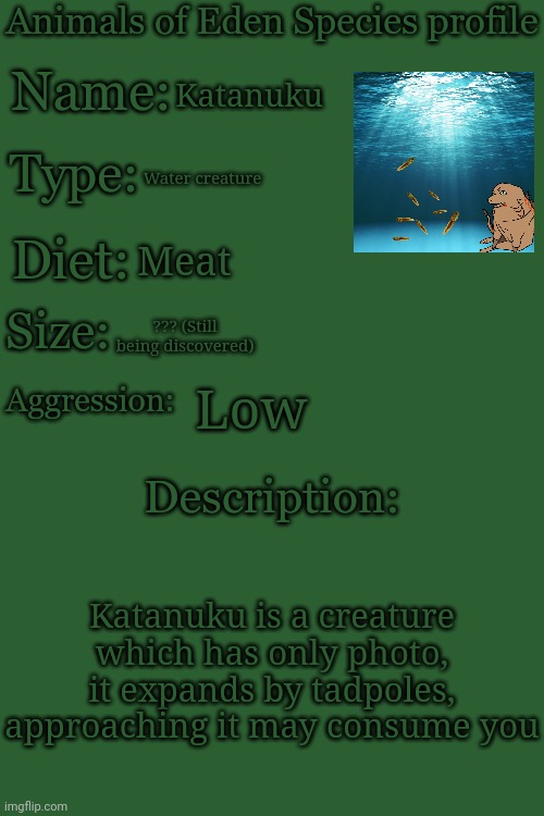 Animals of Eden Species Profile | Katanuku; Water creature; Meat; ??? (Still being discovered); Low; Katanuku is a creature which has only photo, it expands by tadpoles, approaching it may consume you | image tagged in animals of eden species profile | made w/ Imgflip meme maker