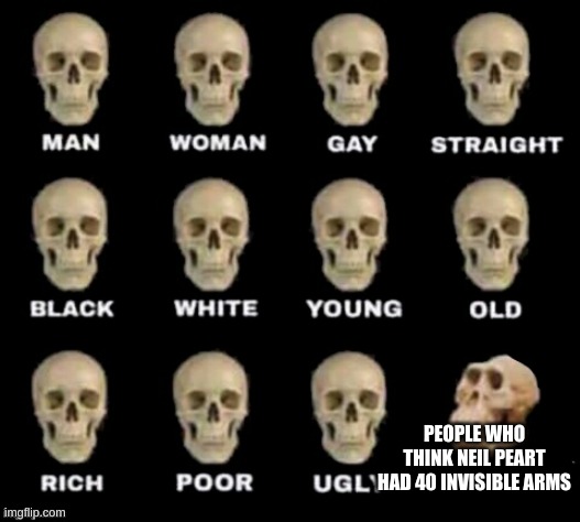 idiot skull | PEOPLE WHO THINK NEIL PEART HAD 40 INVISIBLE ARMS | image tagged in idiot skull | made w/ Imgflip meme maker