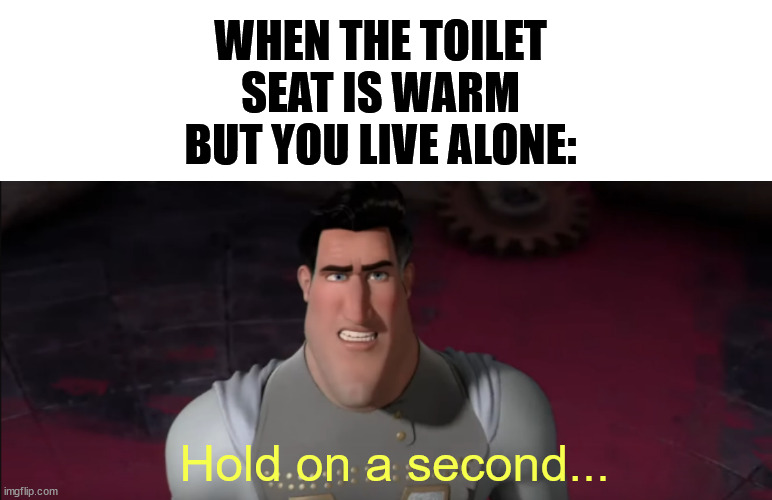 welp, time to panic | WHEN THE TOILET SEAT IS WARM BUT YOU LIVE ALONE:; Hold on a second... | image tagged in megamind,toilet seat,warm,panic,home alone | made w/ Imgflip meme maker