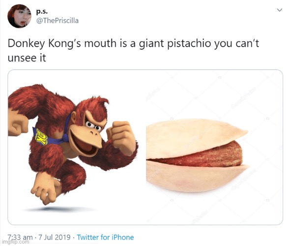 You can’t unsee it | image tagged in unsee,memes,twitter,donkey kong,can't unsee,pistachio | made w/ Imgflip meme maker