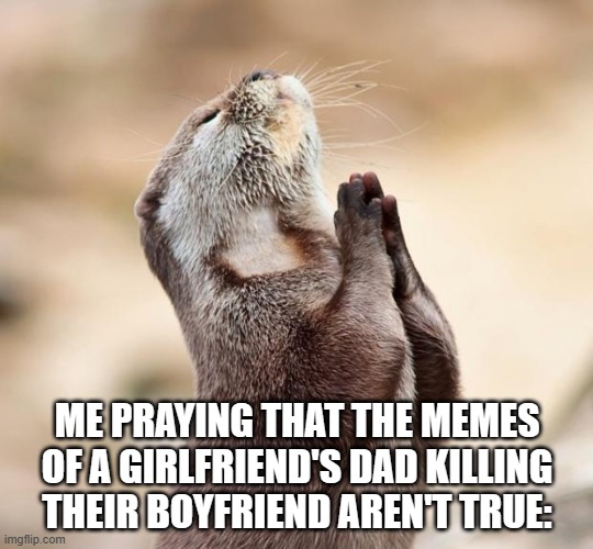 ;~; | ME PRAYING THAT THE MEMES OF A GIRLFRIEND'S DAD KILLING THEIR BOYFRIEND AREN'T TRUE: | image tagged in animal praying | made w/ Imgflip meme maker