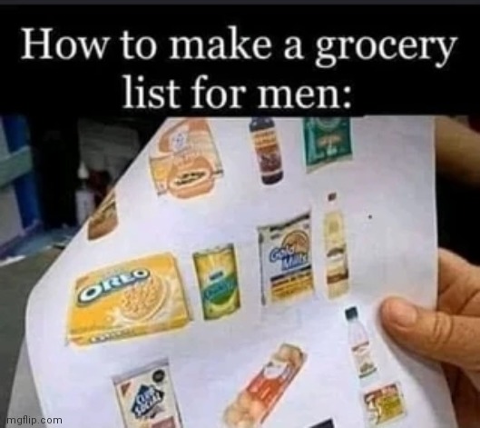Visual list | image tagged in grocery store,list,men | made w/ Imgflip meme maker