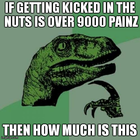 Philosoraptor Meme | IF GETTING KICKED IN THE NUTS IS OVER 9000 PAINZ THEN HOW MUCH IS THIS | image tagged in memes,philosoraptor | made w/ Imgflip meme maker