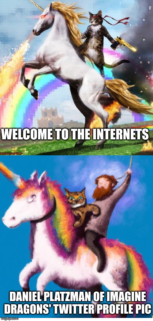 :0 did Platz mean for it to be like this? | WELCOME TO THE INTERNETS; DANIEL PLATZMAN OF IMAGINE DRAGONS' TWITTER PROFILE PIC | image tagged in imagine dragons,welcome to the internets,daniel platzman,unicorn,twitter,cat | made w/ Imgflip meme maker