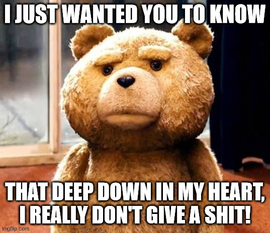 Ted | I JUST WANTED YOU TO KNOW; THAT DEEP DOWN IN MY HEART, I REALLY DON'T GIVE A SHIT! | image tagged in memes,ted | made w/ Imgflip meme maker