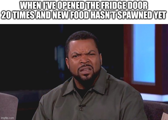Really? Ice Cube | WHEN I'VE OPENED THE FRIDGE DOOR 20 TIMES AND NEW FOOD HASN'T SPAWNED YET | image tagged in really ice cube,relatable,funny,food,joke,bruh | made w/ Imgflip meme maker