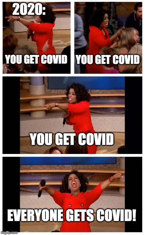 2020 in a nutshell | 2020:; YOU GET COVID; YOU GET COVID; YOU GET COVID; EVERYONE GETS COVID! | image tagged in memes,oprah you get a car everybody gets a car,oprah,2020 sucks,covid-19 | made w/ Imgflip meme maker