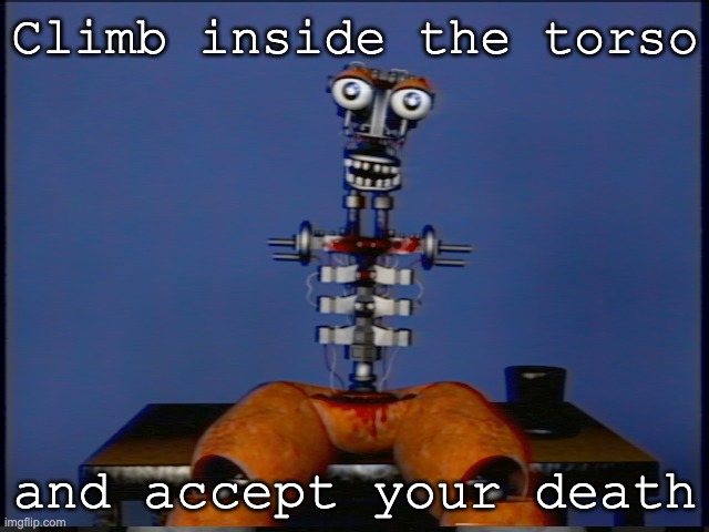 Fazbear Entertainment Video Manual | Climb inside the torso; and accept your death | image tagged in fnaf,vhs | made w/ Imgflip meme maker
