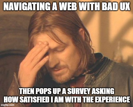 Frustrated Boromir Meme | NAVIGATING A WEB WITH BAD UX; THEN POPS UP A SURVEY ASKING HOW SATISFIED I AM WITH THE EXPERIENCE | image tagged in memes,frustrated boromir | made w/ Imgflip meme maker