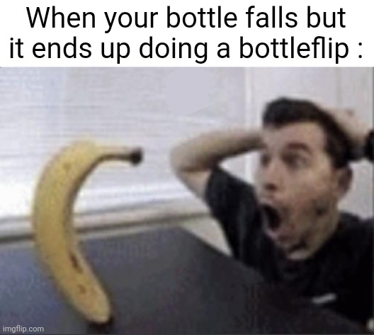 Woah | When your bottle falls but it ends up doing a bottleflip : | image tagged in guy and banana meme,memes,relatable,funny,lucky,front page plz | made w/ Imgflip meme maker
