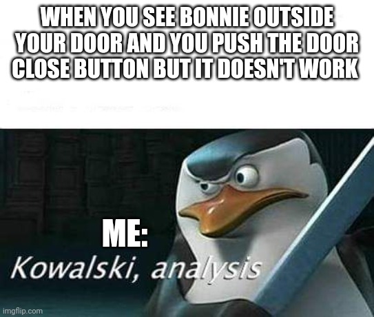 The door button isn't working!!!!!! | WHEN YOU SEE BONNIE OUTSIDE YOUR DOOR AND YOU PUSH THE DOOR CLOSE BUTTON BUT IT DOESN'T WORK; ME: | image tagged in kowalski analysis,fnaf | made w/ Imgflip meme maker