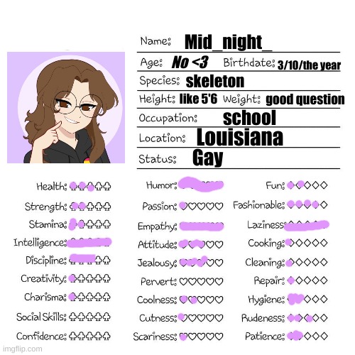i figured i would do one of these | Mid_night_; No <3; 3/10/the year; skeleton; good question; like 5'6; school; Louisiana; Gay | image tagged in profile card | made w/ Imgflip meme maker