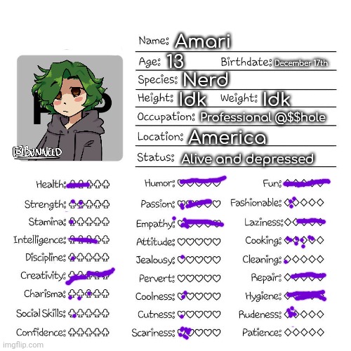 Ok | Amari; 13; December 17th; Nerd; Idk; Idk; Professional @$$hole; America; Alive and depressed | image tagged in profile card | made w/ Imgflip meme maker
