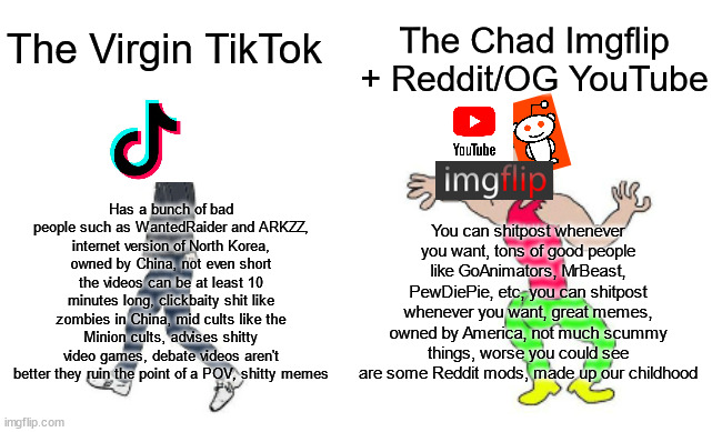 The Virgin TikTok vs The Chad YouTube/Imgflip/Reddit | The Chad Imgflip + Reddit/OG YouTube; The Virgin TikTok; Has a bunch of bad people such as WantedRaider and ARKZZ, internet version of North Korea, owned by China, not even short the videos can be at least 10 minutes long, clickbaity shit like zombies in China, mid cults like the Minion cults, advises shitty video games, debate videos aren't better they ruin the point of a POV, shitty memes; You can shitpost whenever you want, tons of good people like GoAnimators, MrBeast, PewDiePie, etc, you can shitpost whenever you want, great memes, owned by America, not much scummy things, worse you could see are some Reddit mods, made up our childhood | image tagged in virgin vs chad,youtube,tiktok,imgflip,reddit | made w/ Imgflip meme maker