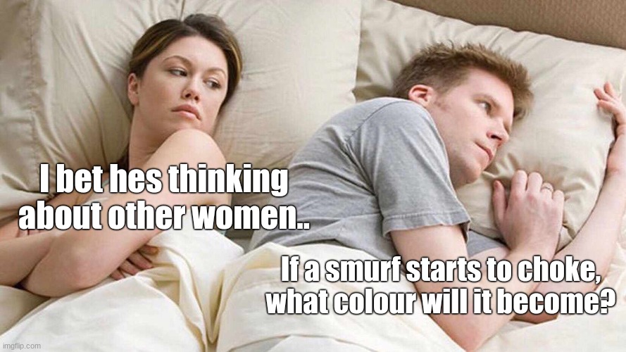 Damn I never really thought about that- | I bet hes thinking about other women.. If a smurf starts to choke, what colour will it become? | image tagged in memes,i bet he's thinking about other women,smurfs,funny memes | made w/ Imgflip meme maker