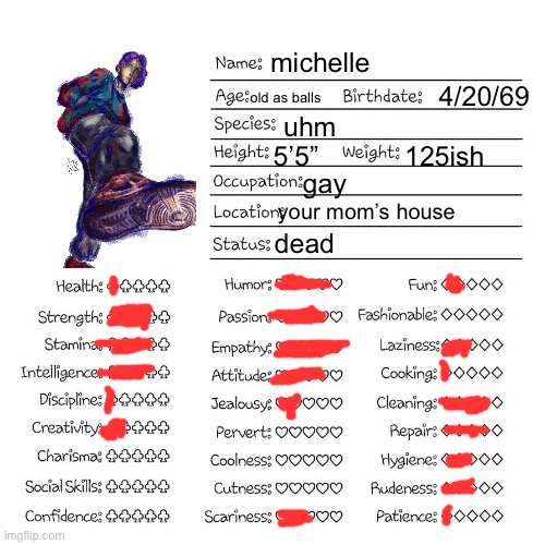 art by my friend yonyon | michelle; old as balls; 4/20/69; uhm; 5’5”; 125ish; gay; your mom’s house; dead | image tagged in profile card,e | made w/ Imgflip meme maker
