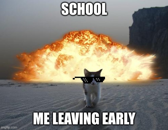 cat explosion | SCHOOL; ME LEAVING EARLY | image tagged in cat explosion | made w/ Imgflip meme maker
