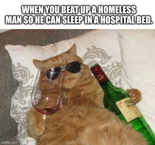Funny Cat Birthday | WHEN YOU BEAT UP A HOMELESS MAN SO HE CAN SLEEP IN A HOSPITAL BED. | image tagged in funny cat birthday,funny,memes,cats,homeless,drinking | made w/ Imgflip meme maker