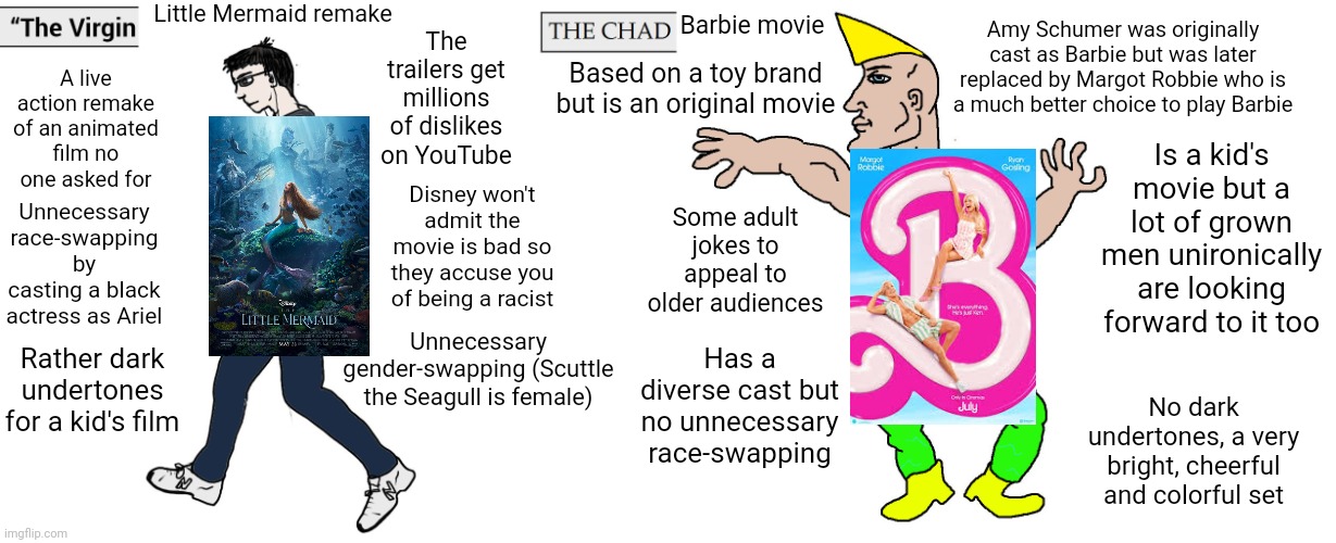 I'm not gonna watch the Barbie movie but I do think it's gonna be a much better movie than the little mermaid remake | Little Mermaid remake; Amy Schumer was originally cast as Barbie but was later replaced by Margot Robbie who is a much better choice to play Barbie; The trailers get millions of dislikes on YouTube; Barbie movie; A live action remake of an animated film no one asked for; Based on a toy brand but is an original movie; Is a kid's movie but a lot of grown men unironically are looking forward to it too; Unnecessary race-swapping by casting a black actress as Ariel; Disney won't admit the movie is bad so they accuse you of being a racist; Some adult jokes to appeal to older audiences; Unnecessary gender-swapping (Scuttle the Seagull is female); Rather dark undertones for a kid's film; Has a diverse cast but no unnecessary race-swapping; No dark undertones, a very bright, cheerful and colorful set | image tagged in virgin and chad,disney,the little mermaid,barbie,hollywood,movies | made w/ Imgflip meme maker