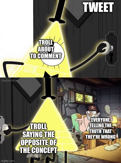 YB is wrong. | TWEET; TROLL ABOUT TO COMMENT; EVERYONE TELLING THE TRUTH THAT THEY'RE WRONG; TROLL SAYING THE OPPOSITE OF THE CONCEPT | image tagged in bill cipher door | made w/ Imgflip meme maker