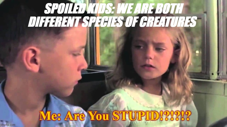 Spoiled Kids in a Nutshell, and Kevin's Reaction | SPOILED KIDS: WE ARE BOTH DIFFERENT SPECIES OF CREATURES; Me: Are You STUPID!?!?!? | image tagged in are you stupid or something,spoiled brats,school memes | made w/ Imgflip meme maker