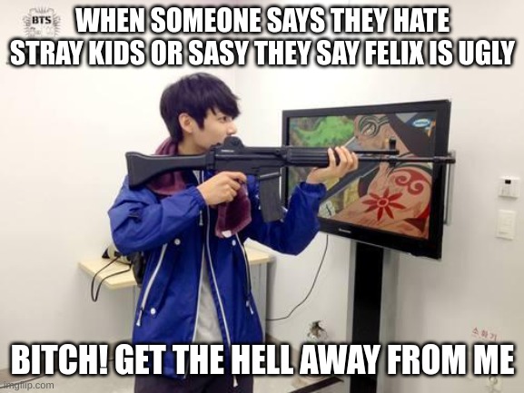 Leave me alone haters | WHEN SOMEONE SAYS THEY HATE STRAY KIDS OR SASY THEY SAY FELIX IS UGLY; BITCH! GET THE HELL AWAY FROM ME | image tagged in kpop fans be like,kpop,stay home | made w/ Imgflip meme maker